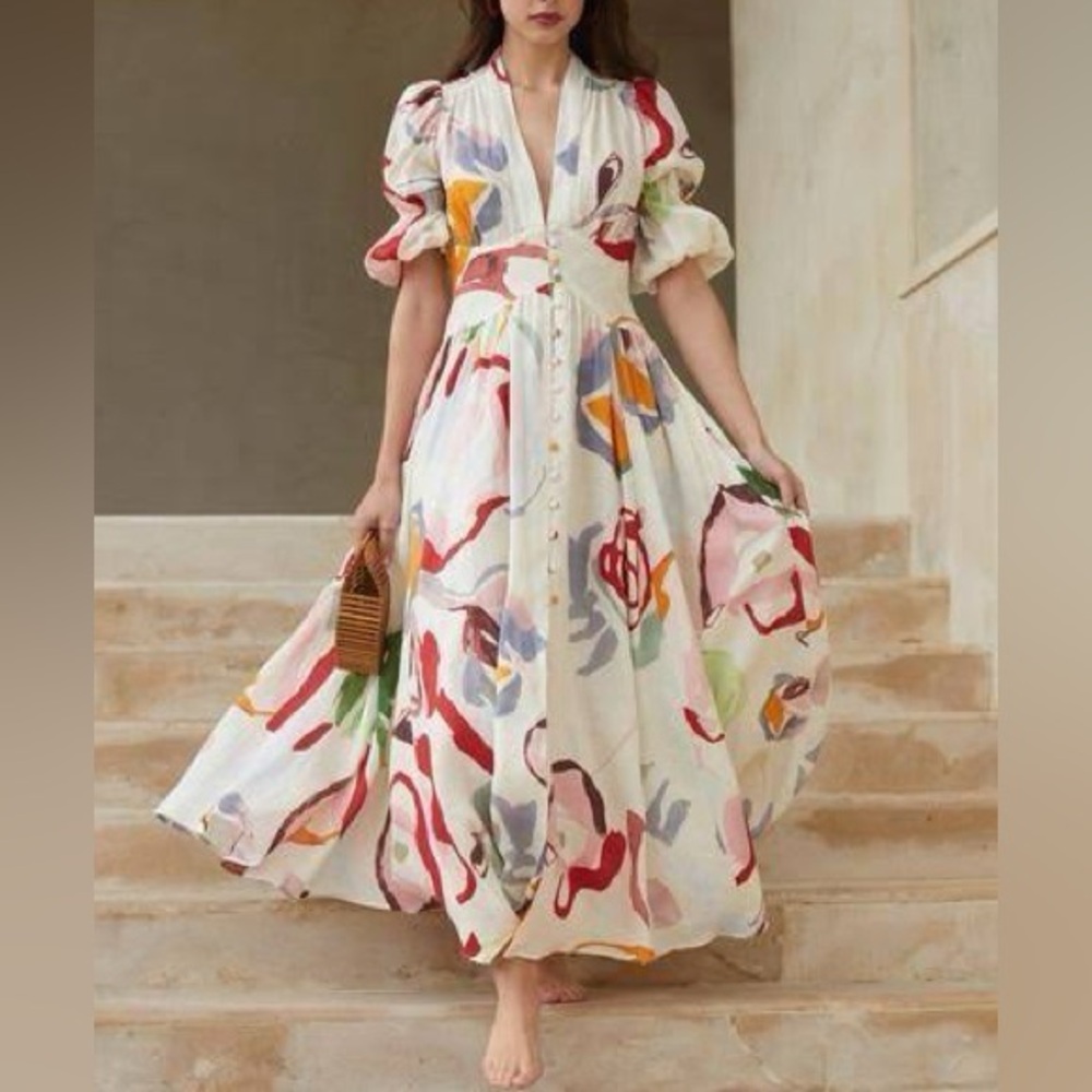 Luna Skies beautiful floral comfy, soft midi dress with faux buttons.